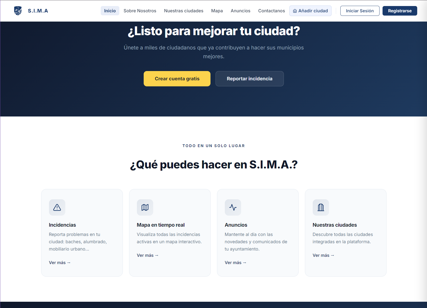 Sección «¿Qué puedes hacer en S.I.M.A.?» con incidencias, mapa en tiempo real, anuncios y ciudades