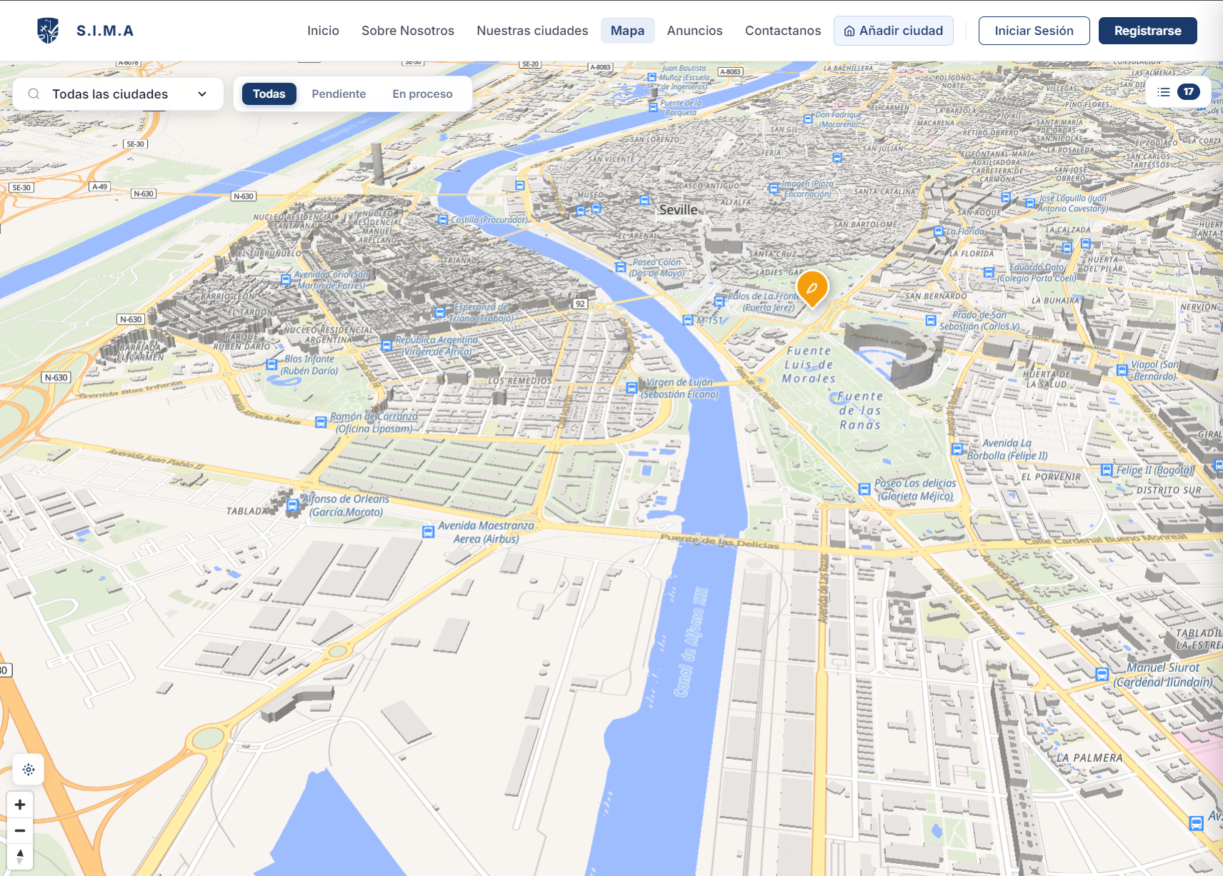 Mapa 3D de Sevilla con una incidencia marcada y filtros por ciudad y estado